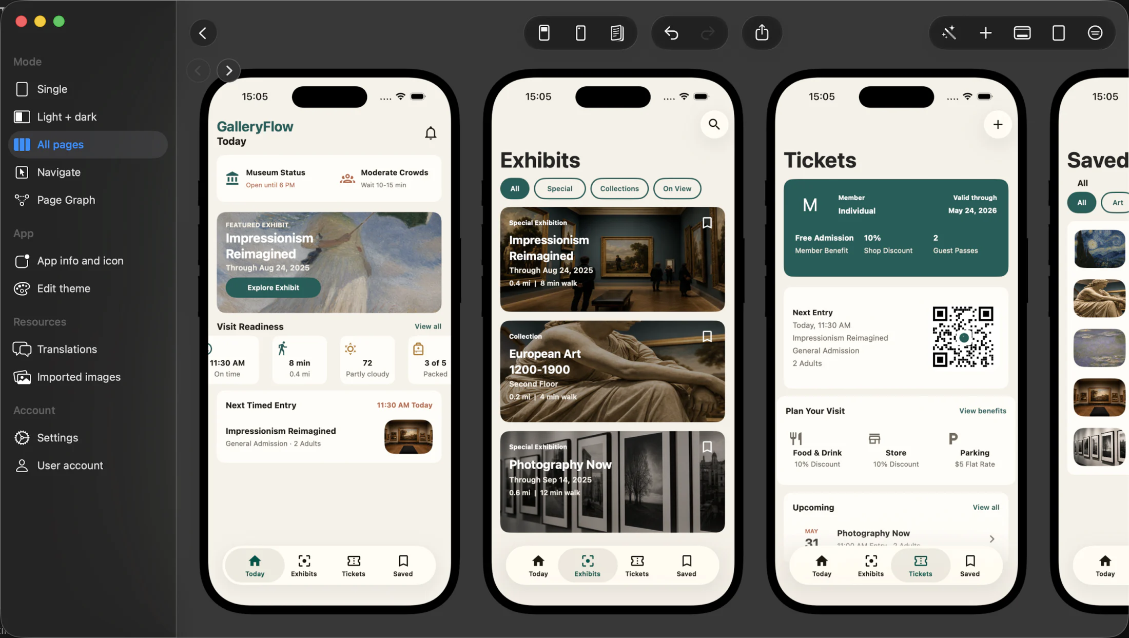 Appmost Design for macOS showing every screen in a museum guide app