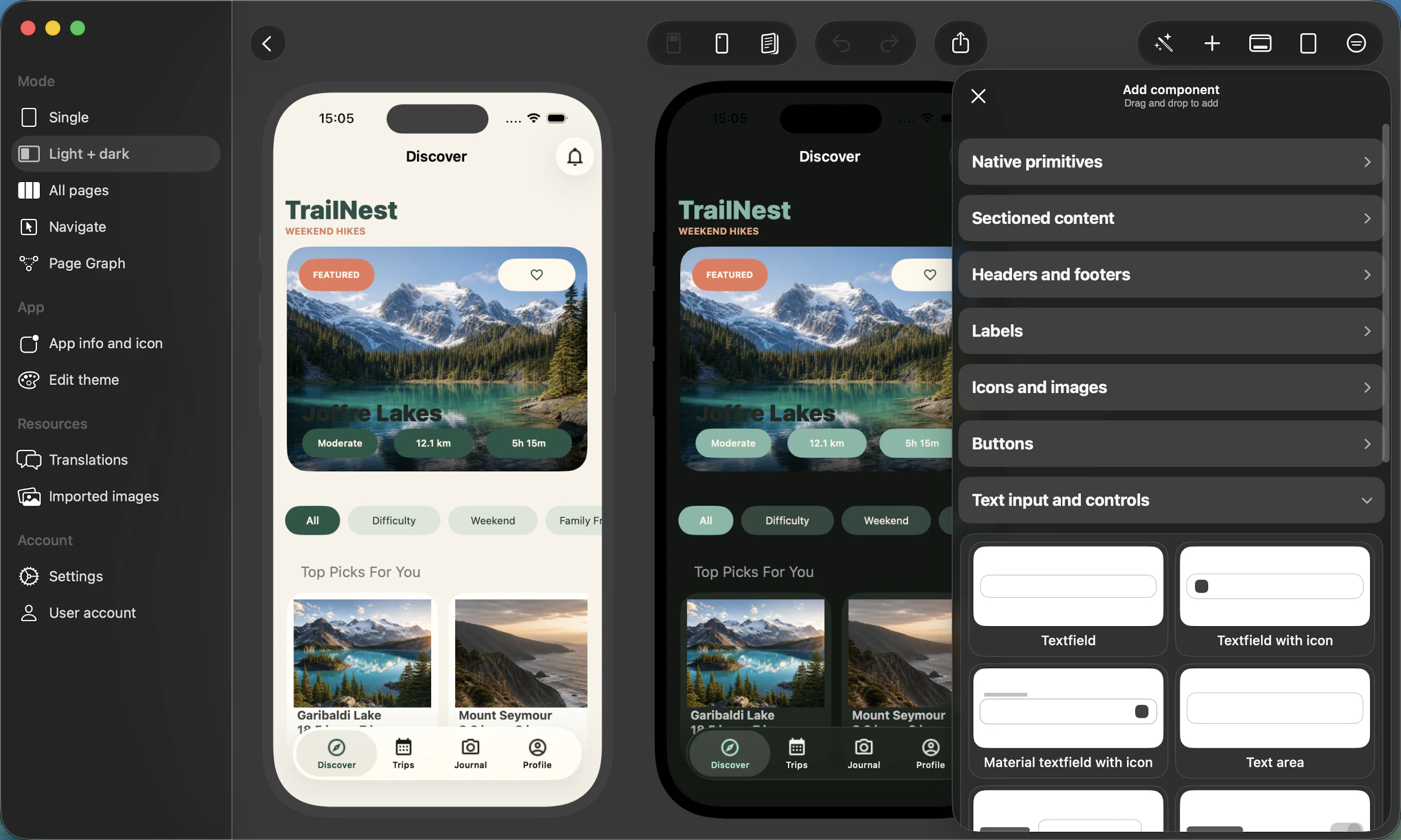 Appmost Design for macOS showing a TrailNest screen in light and dark themes alongside text input components