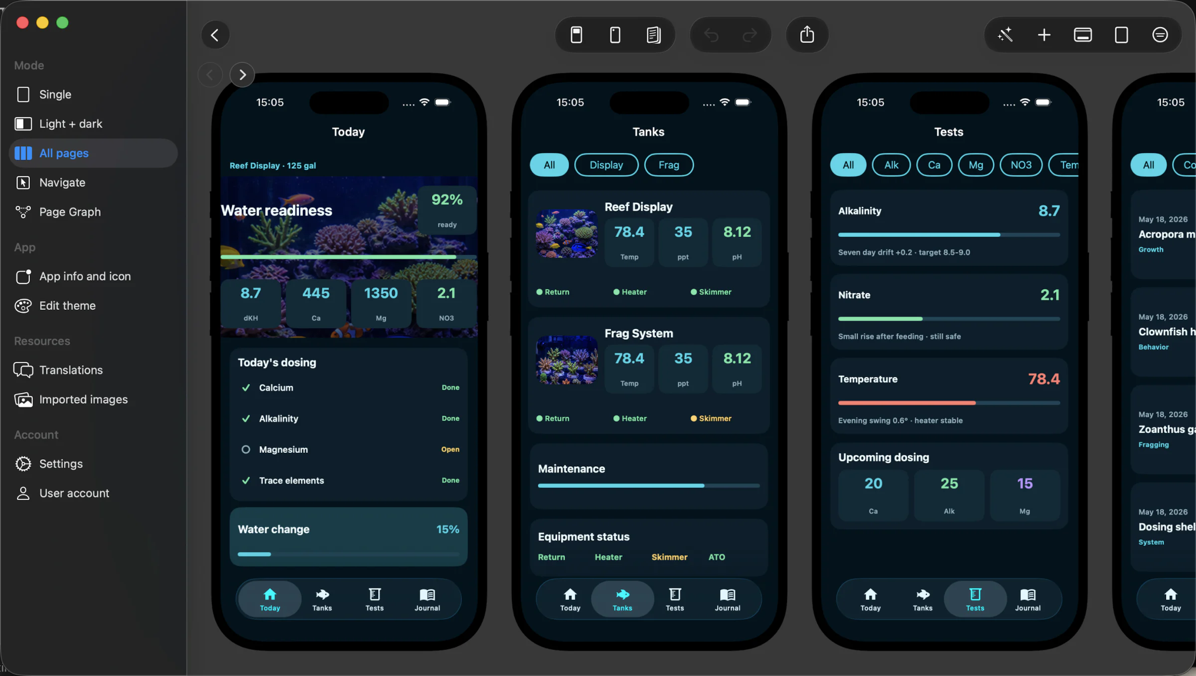 Appmost Design for macOS showing a generated aquarium care app across multiple screens